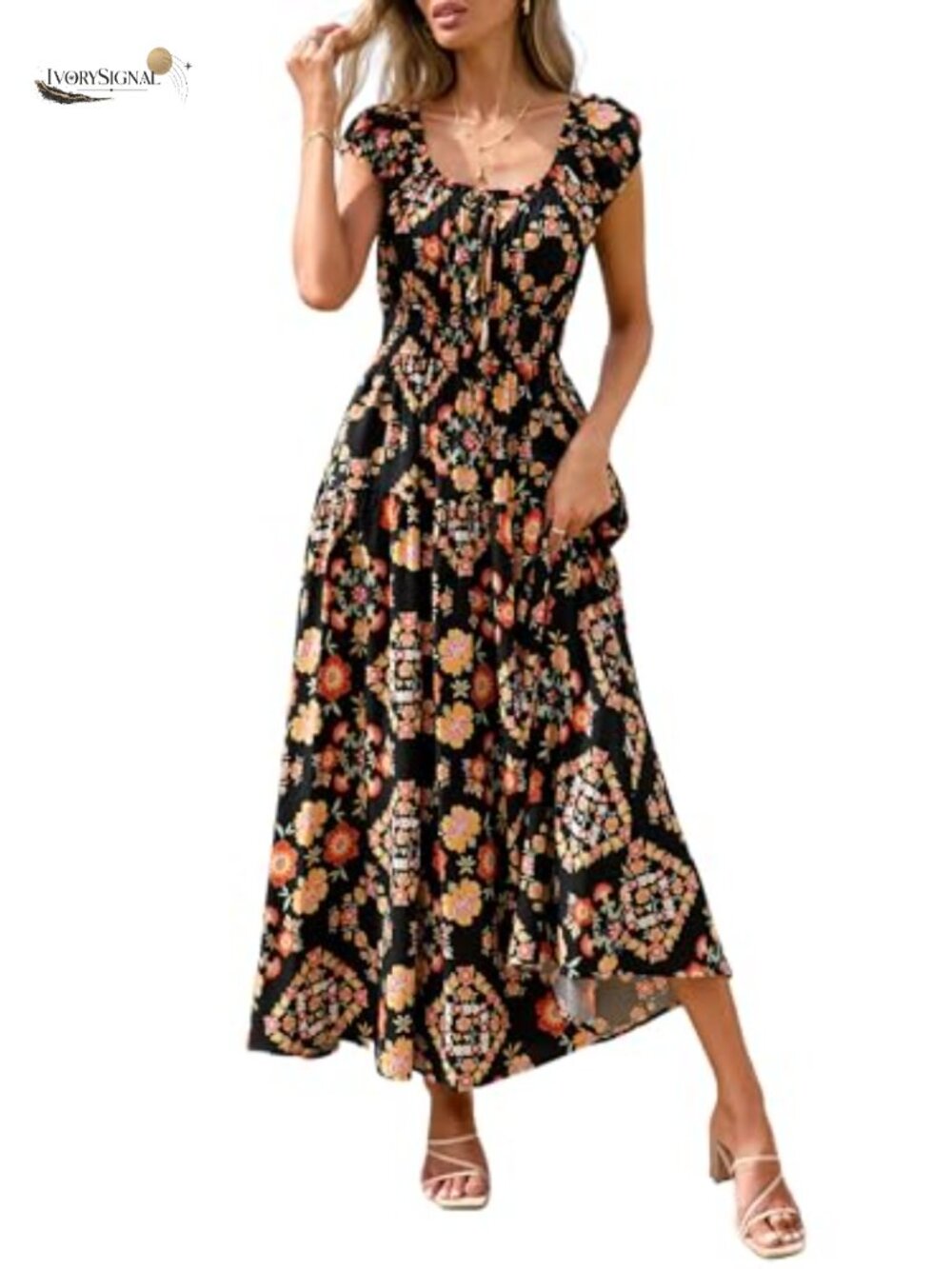 Women Boho Floral Maxi Dress Square Neck Cap Sleeve Ruffle Summer Beach